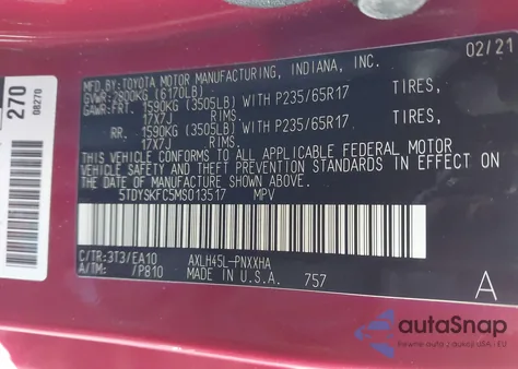 2021 Toyota Sienna Xle из США, поврежденный, VIN 5TDYSKFC5MS013517